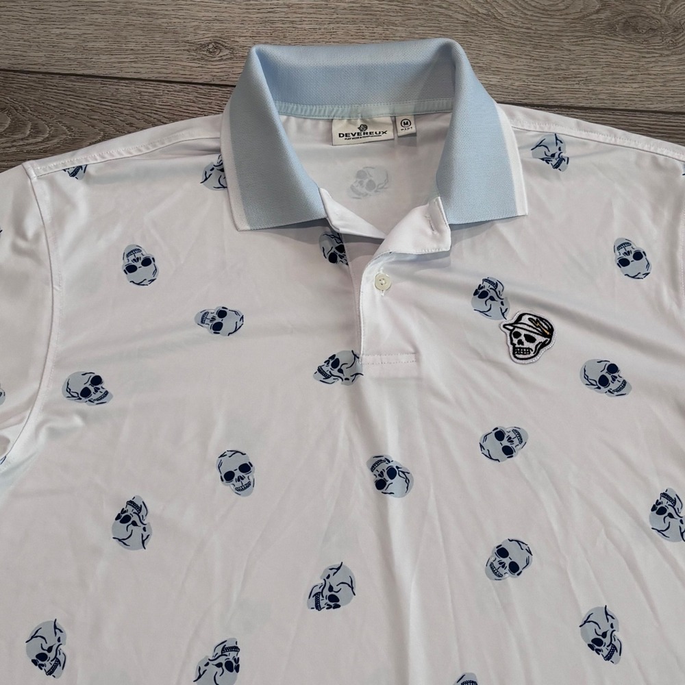 Devereux Golf Polo Shirt Mens Medium White Blue Skull Print Pattern Preppy
